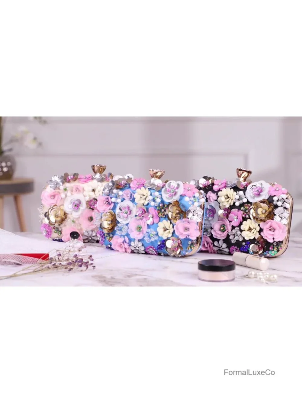 Satin Floral Clutch with Pearl Beads Magnetic Buckle Evening Bag